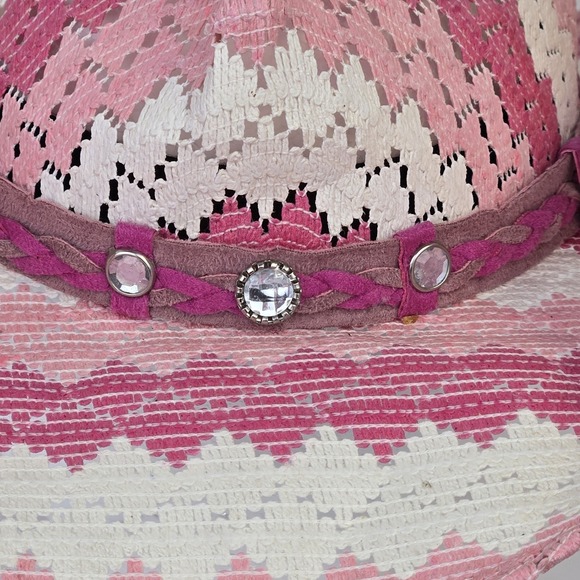 Bullhide Teenage Dream Girls Cowboy Hat Pink Straw Stripes Made In Mexico - Picture 3 of 9